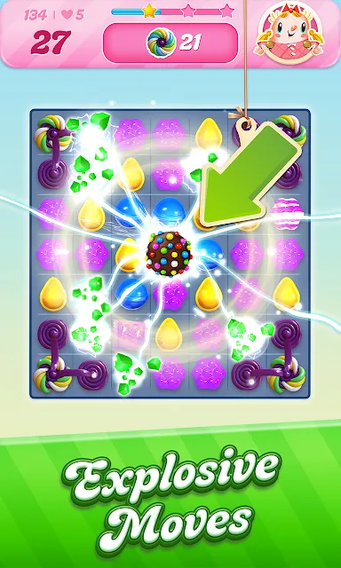 A colour bomb going off in the centre of a candy grid, twenty-seven moves remaining