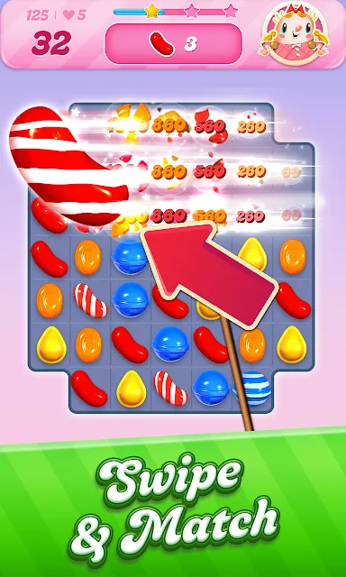 A striped candy clearing a horizontal line, with points appearing along the cleared row