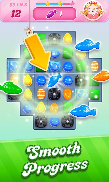 A wrapped candy exploding on a board of jellies and blockers, twelve moves left